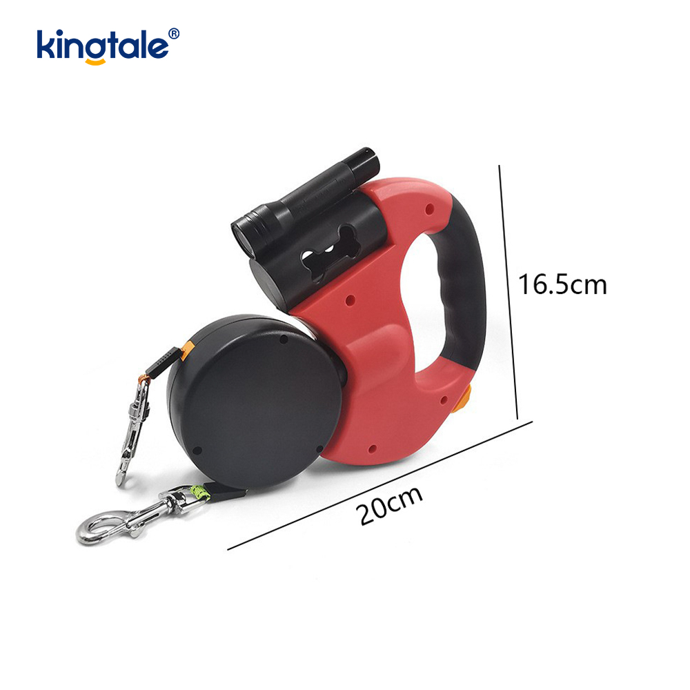 Lesă dublă retractabilă pentru câini la 360 de grad cu lumină LED