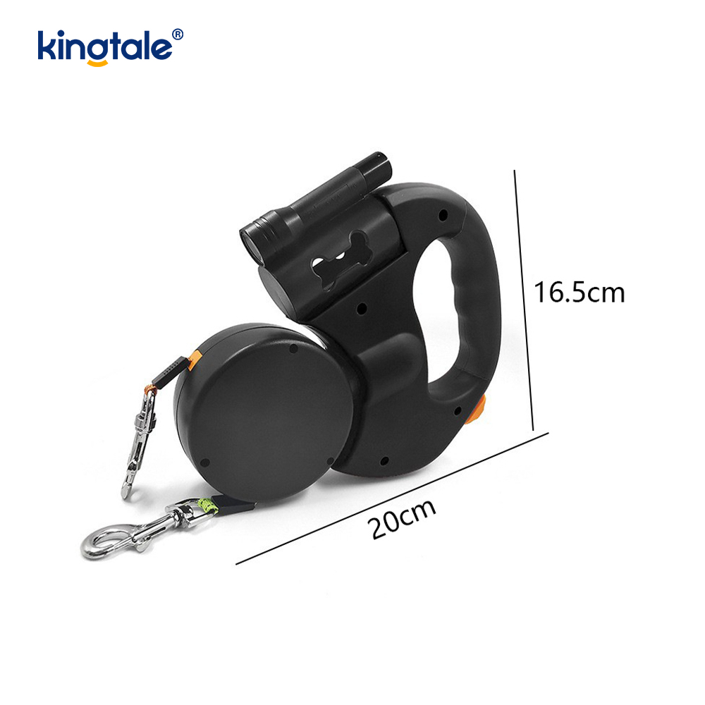 Lesă dublă retractabilă pentru câini la 360 de grad cu lumină LED